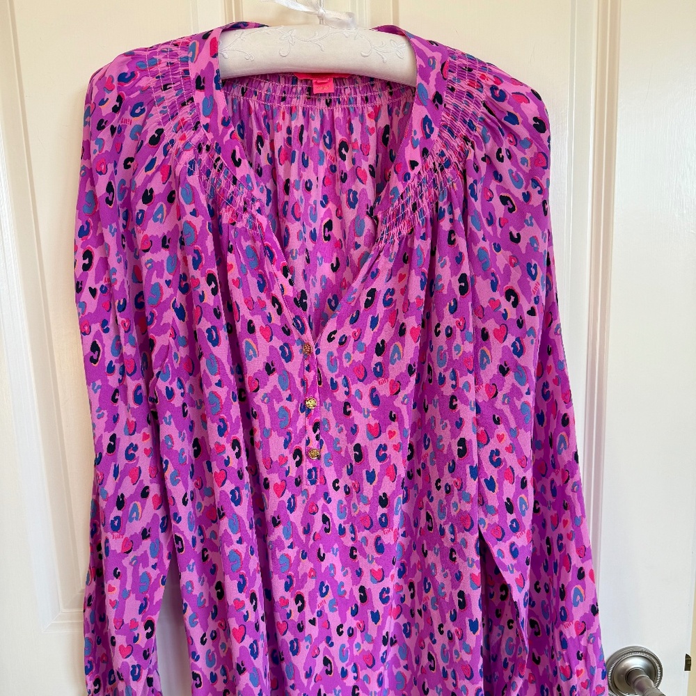 Lilly Pulitzer Elsa XXL Silk Top Pink Blue Wild Fuchsia Spotted In Love